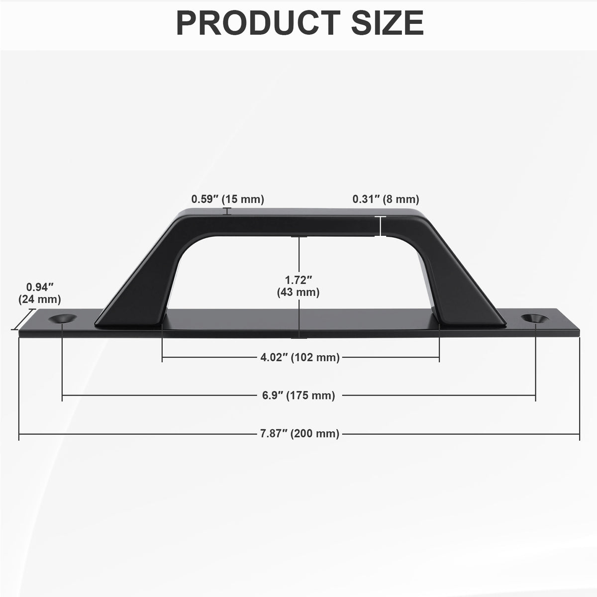 Product size diagram of a black metal handlebar grip with dimension measurements in inches and millimeters on a light gray background.