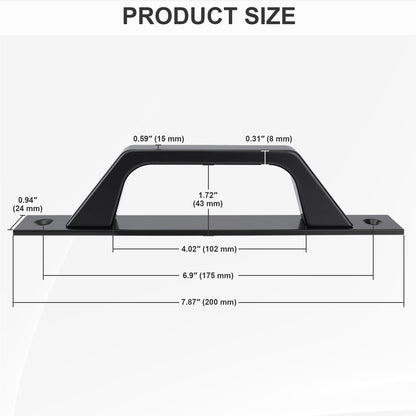 Product size diagram of a black metal handlebar grip with dimension measurements in inches and millimeters on a light gray background.