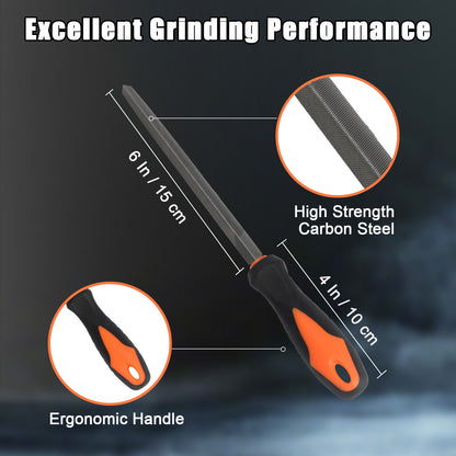 Grinding tool with ergonomic handle and high strength carbon steel, labeled on a dark background.