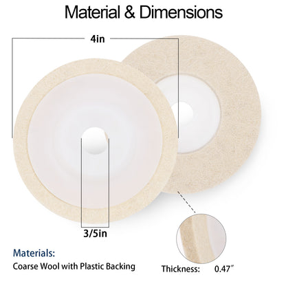 Coarse wool pads with plastic backing, dimensions, and material details on a white background.