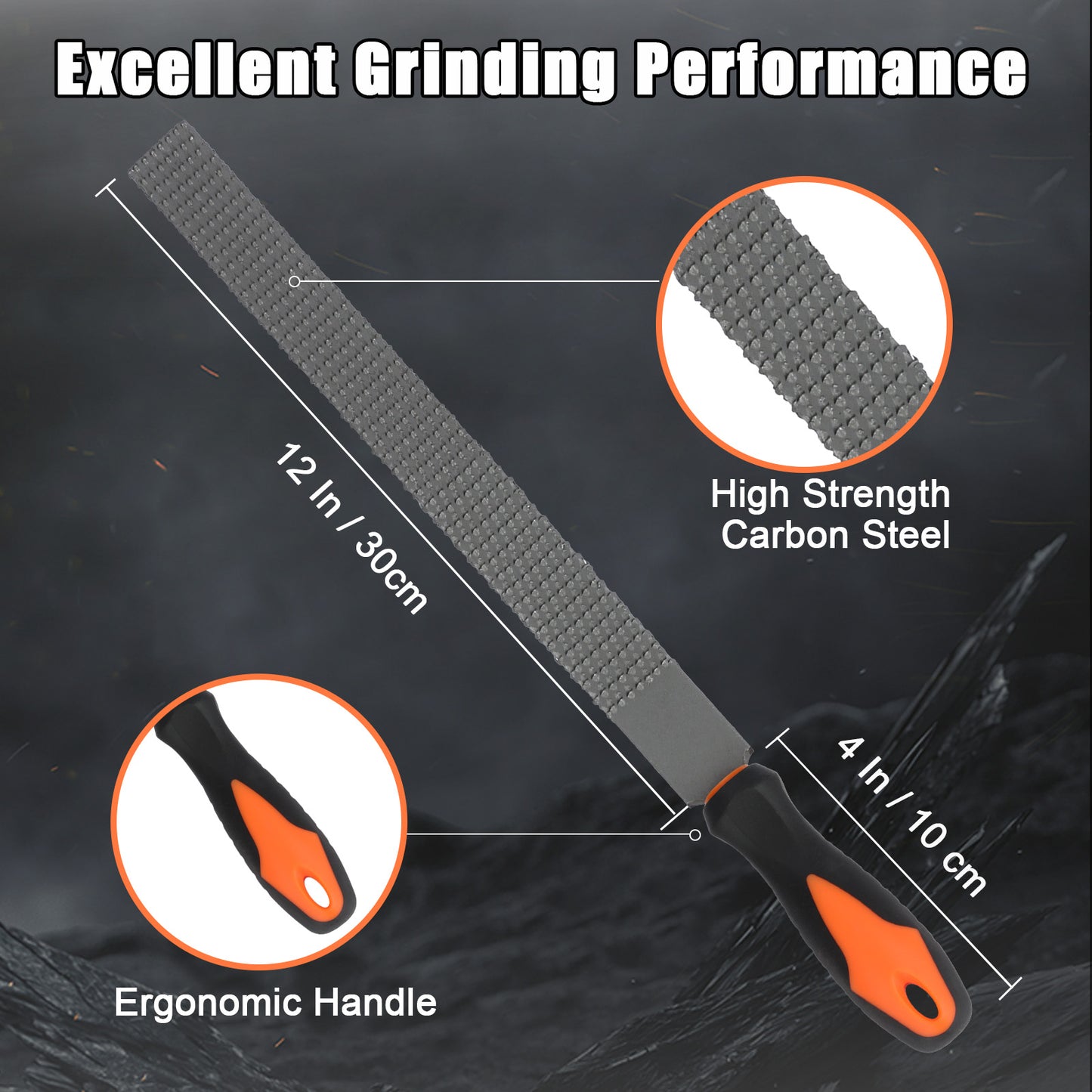 Grinding tool with measurements and features highlighted on a dark background