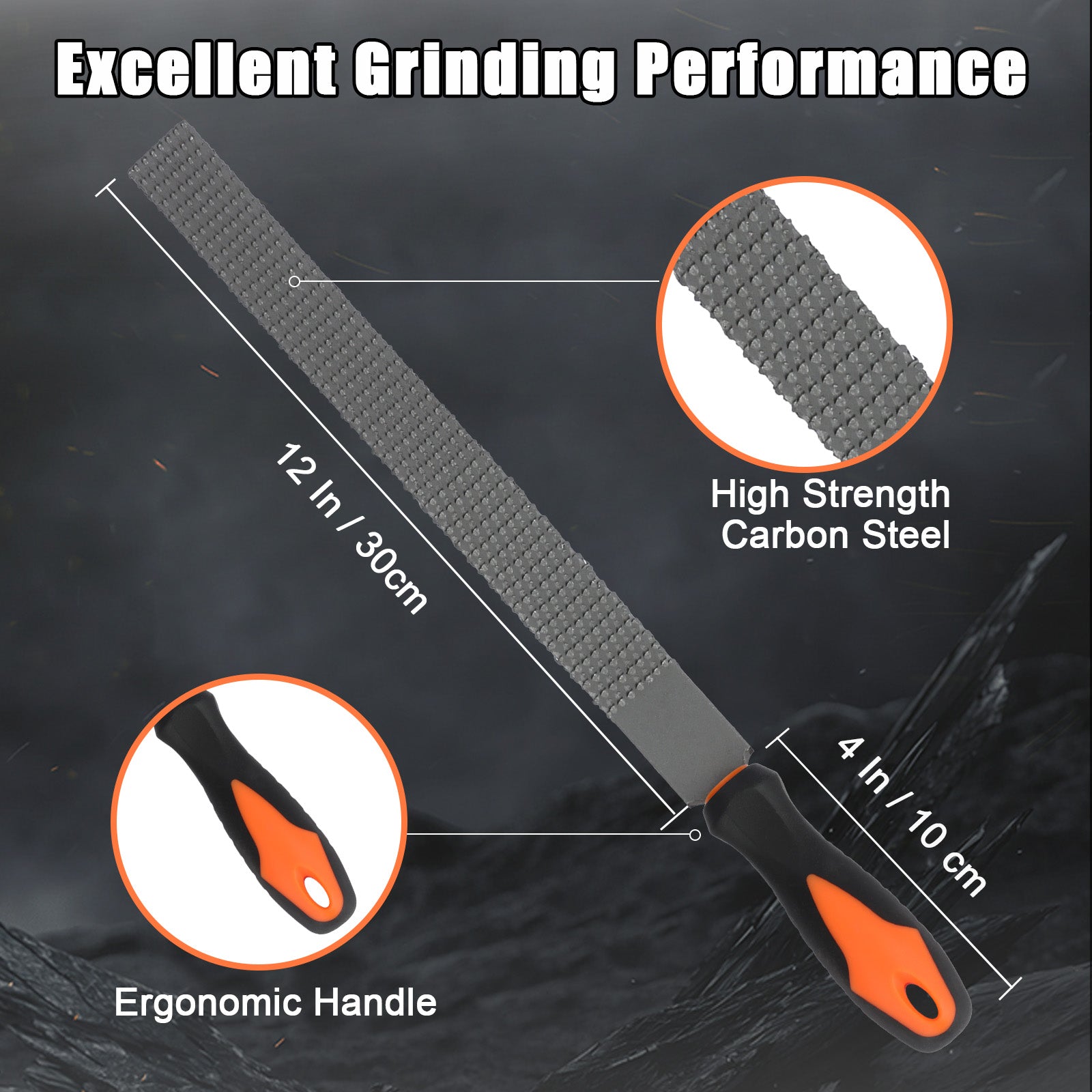 Grinding tool with measurements and features highlighted on a dark background