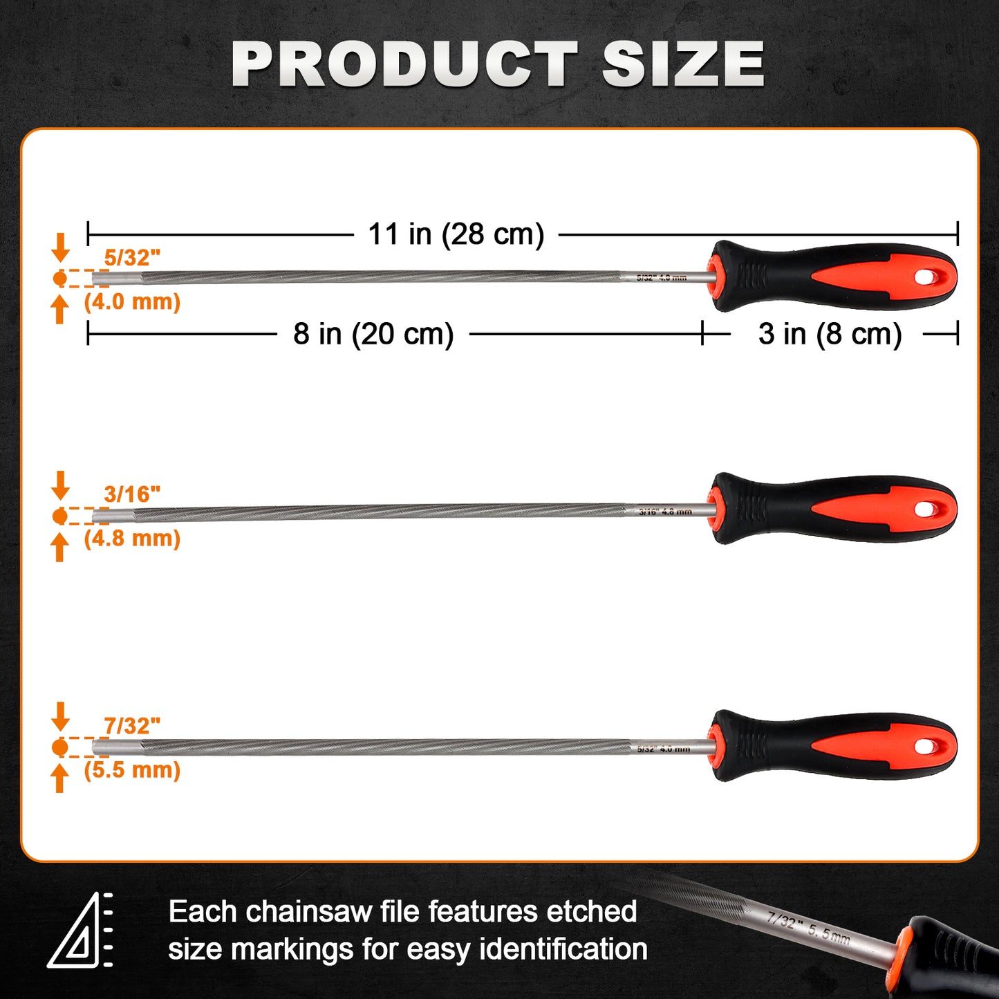 Product size chart showing three chainsaw file tools with labeled dimensions: 11 in (28 cm), 8 in (20 cm), and 3 in (8 cm), plus thread sizes and millimeter measurements. The image includes product photos of the tools and explanatory text on a white panel with a dark header and footer.