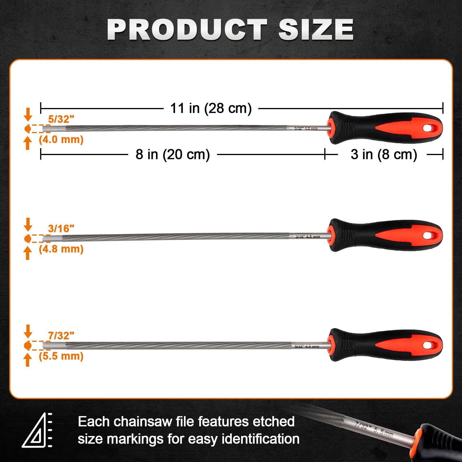 Product size chart showing three chainsaw file tools with labeled dimensions: 11 in (28 cm), 8 in (20 cm), and 3 in (8 cm), plus thread sizes and millimeter measurements. The image includes product photos of the tools and explanatory text on a white panel with a dark header and footer.