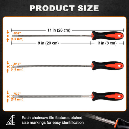 Product size chart showing three chainsaw file tools with labeled dimensions: 11 in (28 cm), 8 in (20 cm), and 3 in (8 cm), plus thread sizes and millimeter measurements. The image includes product photos of the tools and explanatory text on a white panel with a dark header and footer.