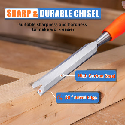 Chisel with orange handle on wooden surface, highlighting features like high carbon steel and 28 degree bevel edge.