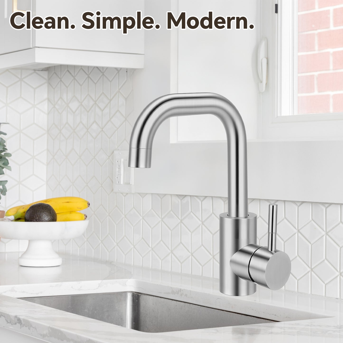 Modern kitchen sink with faucet and 'Clean. Simple. Modern.' text