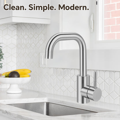 Modern kitchen sink with faucet and 'Clean. Simple. Modern.' text