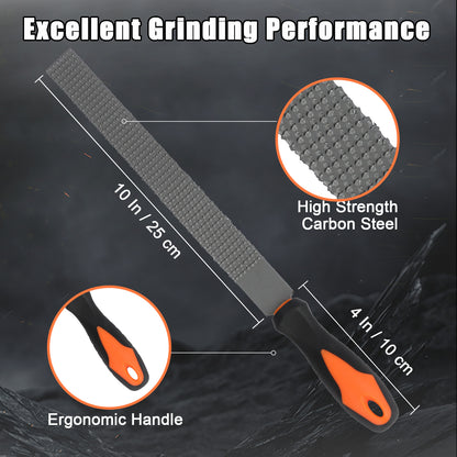 Rasp with high strength carbon steel and ergonomic handle on a dark background
