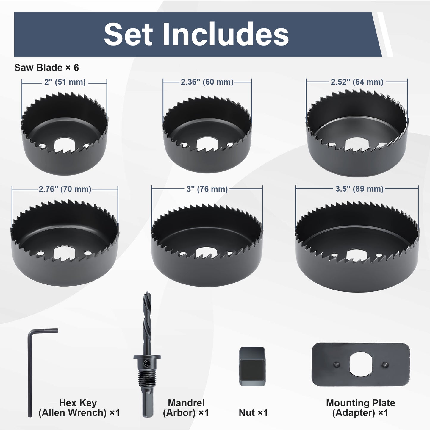 Set of hole saw blades with measurements and additional tools on a white background