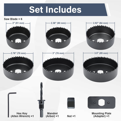 Set of hole saw blades with measurements and additional tools on a white background