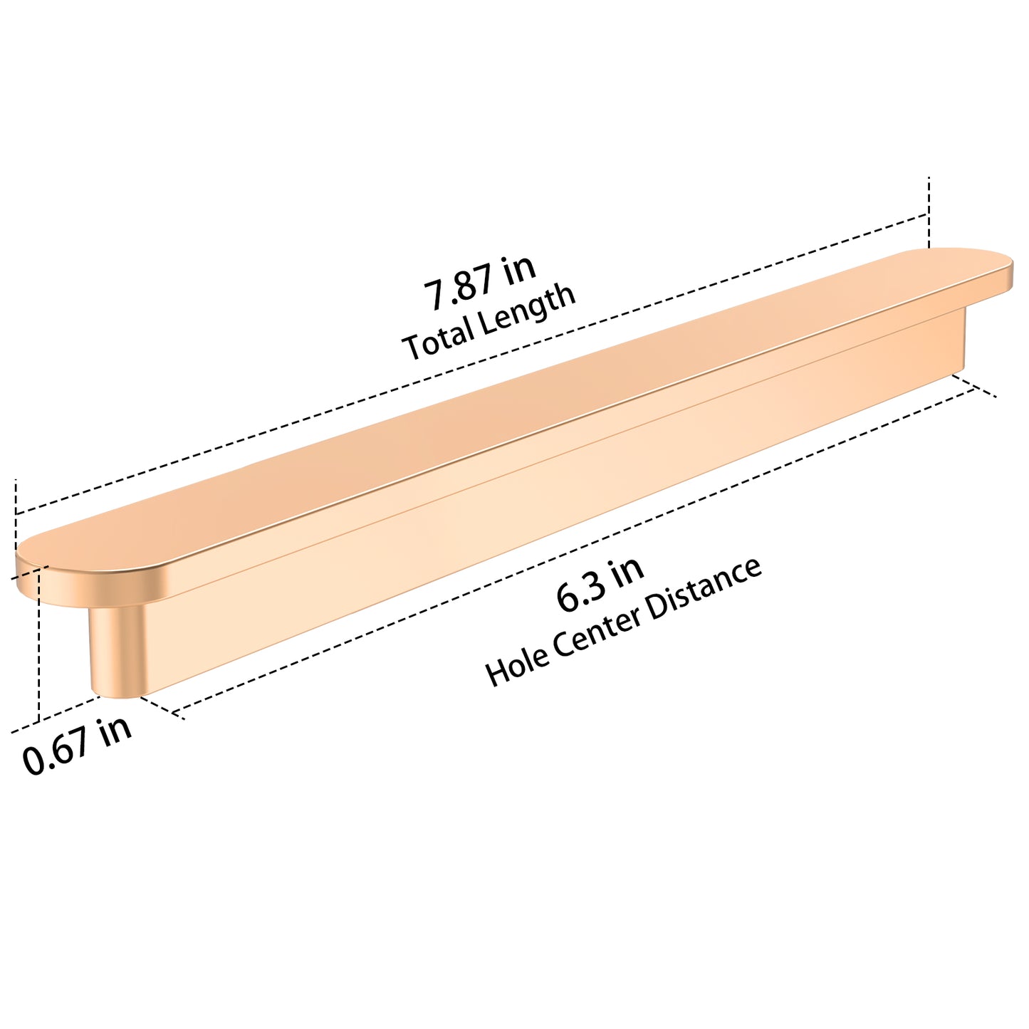 Cabinet handle with dimensions labeled on a white background