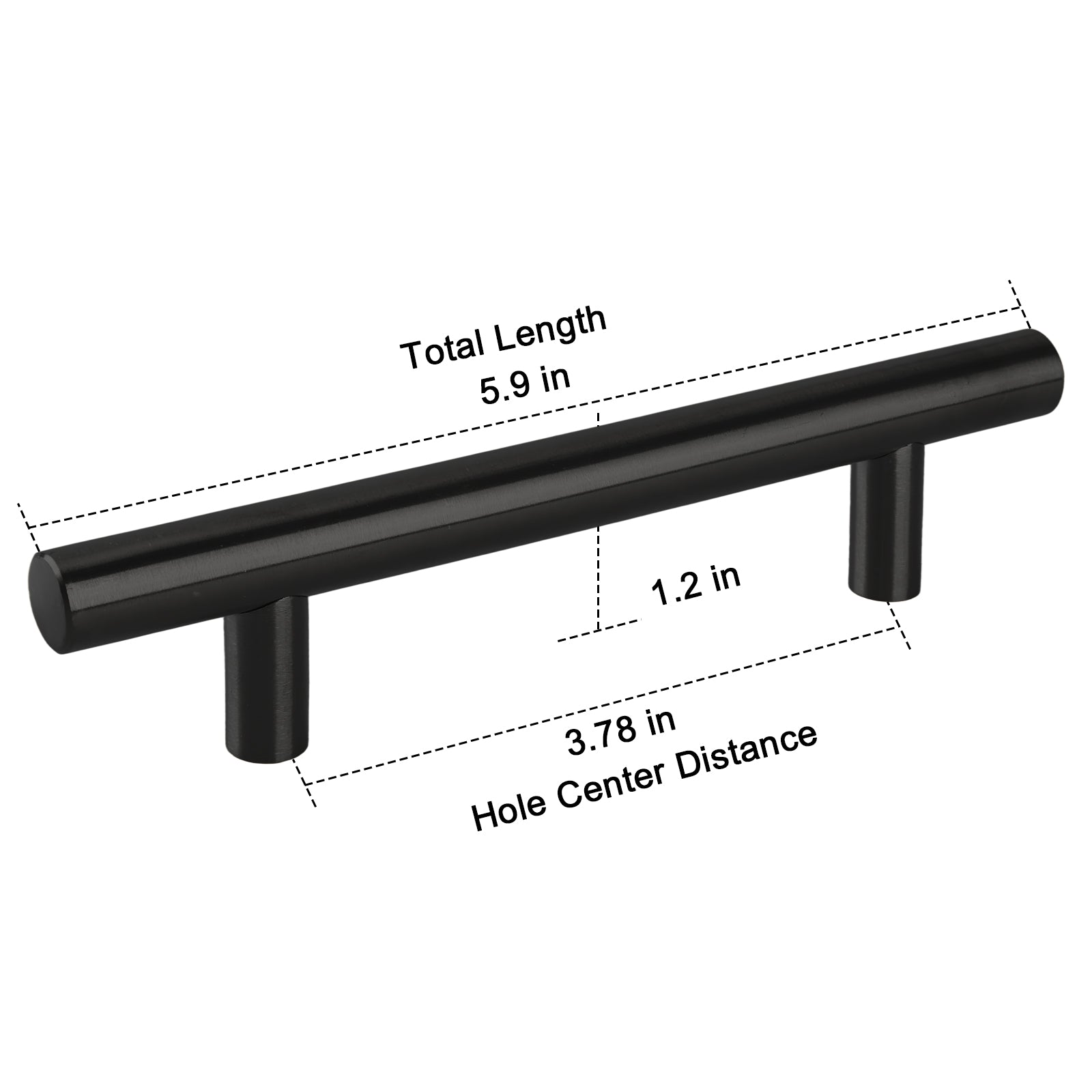 Black cabinet handle with measurements on a white background