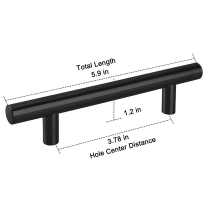 Black cabinet handle with measurements on a white background