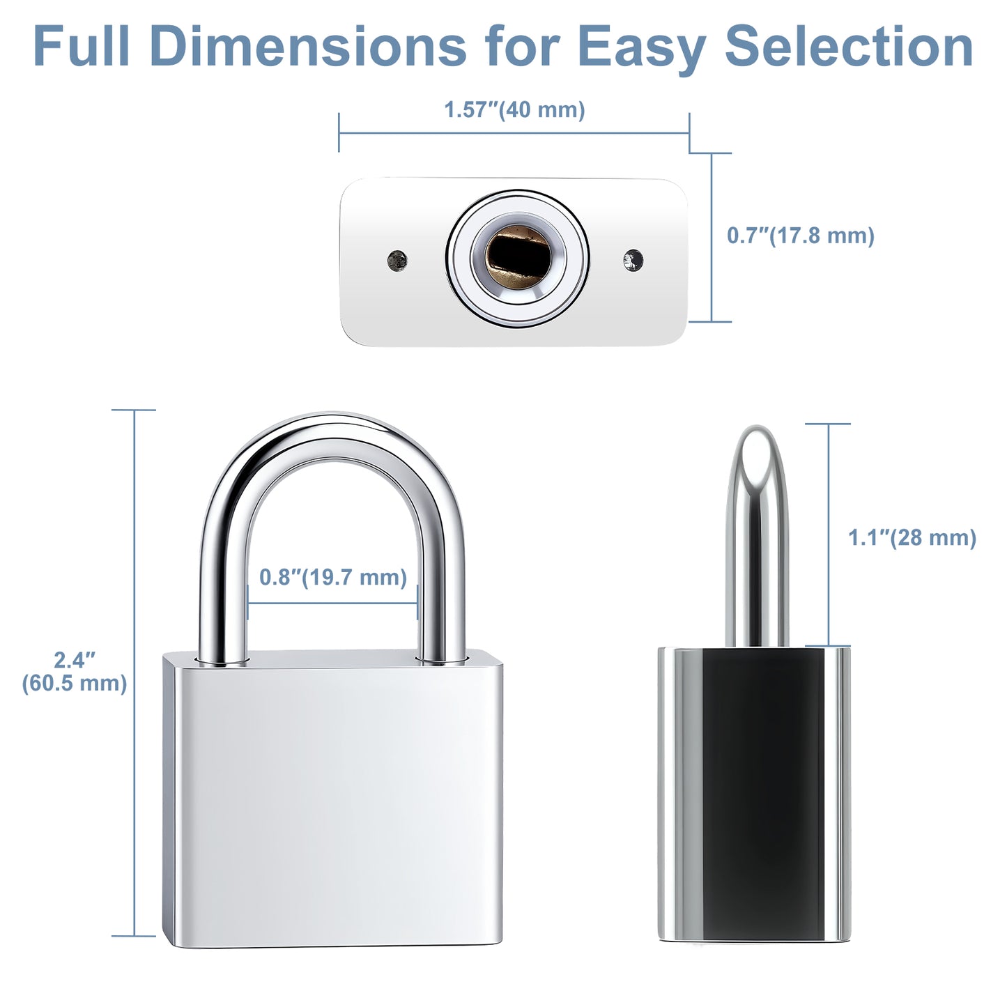 Measurement chart of a padlock with dimensions labeled
