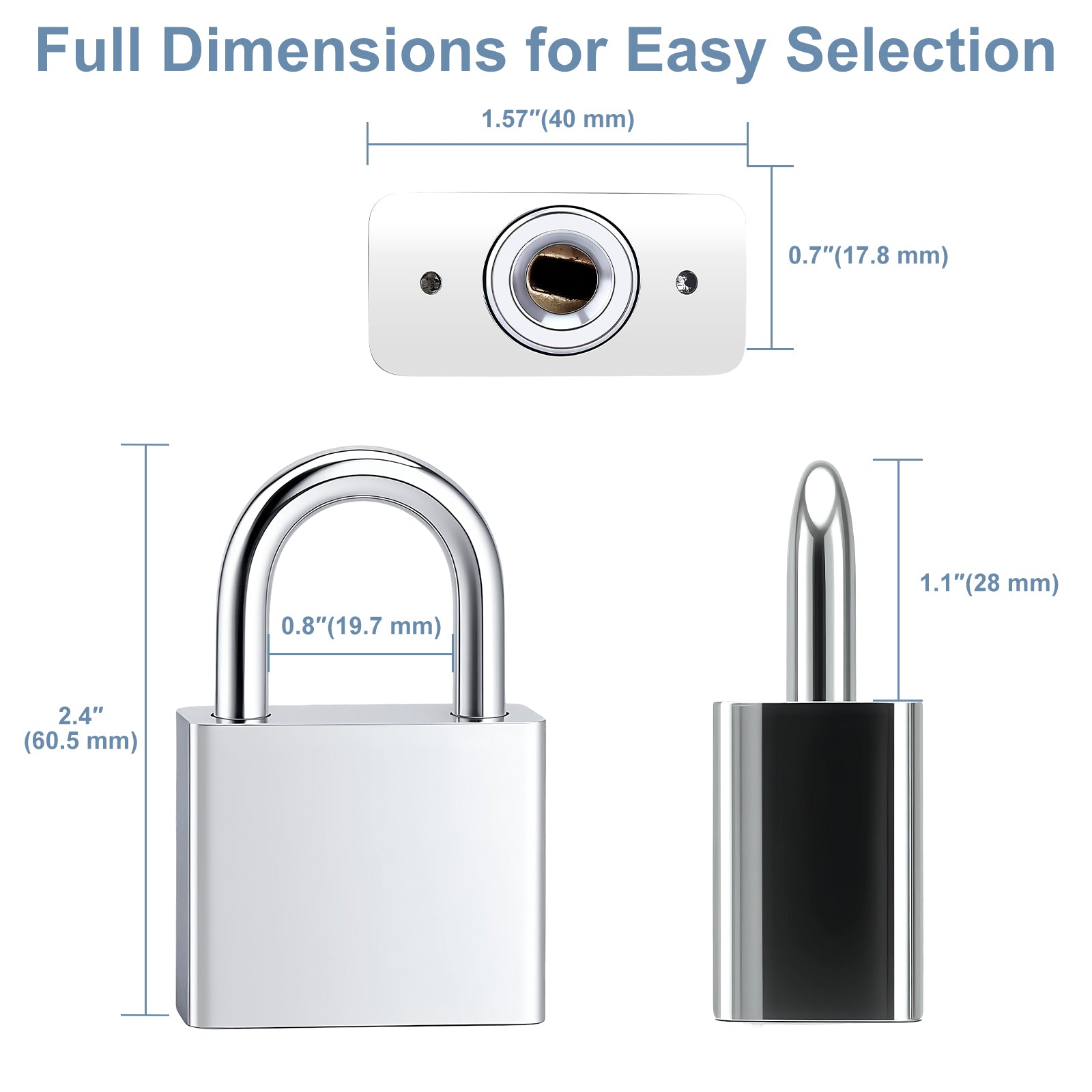 Measurement chart of a padlock with dimensions labeled