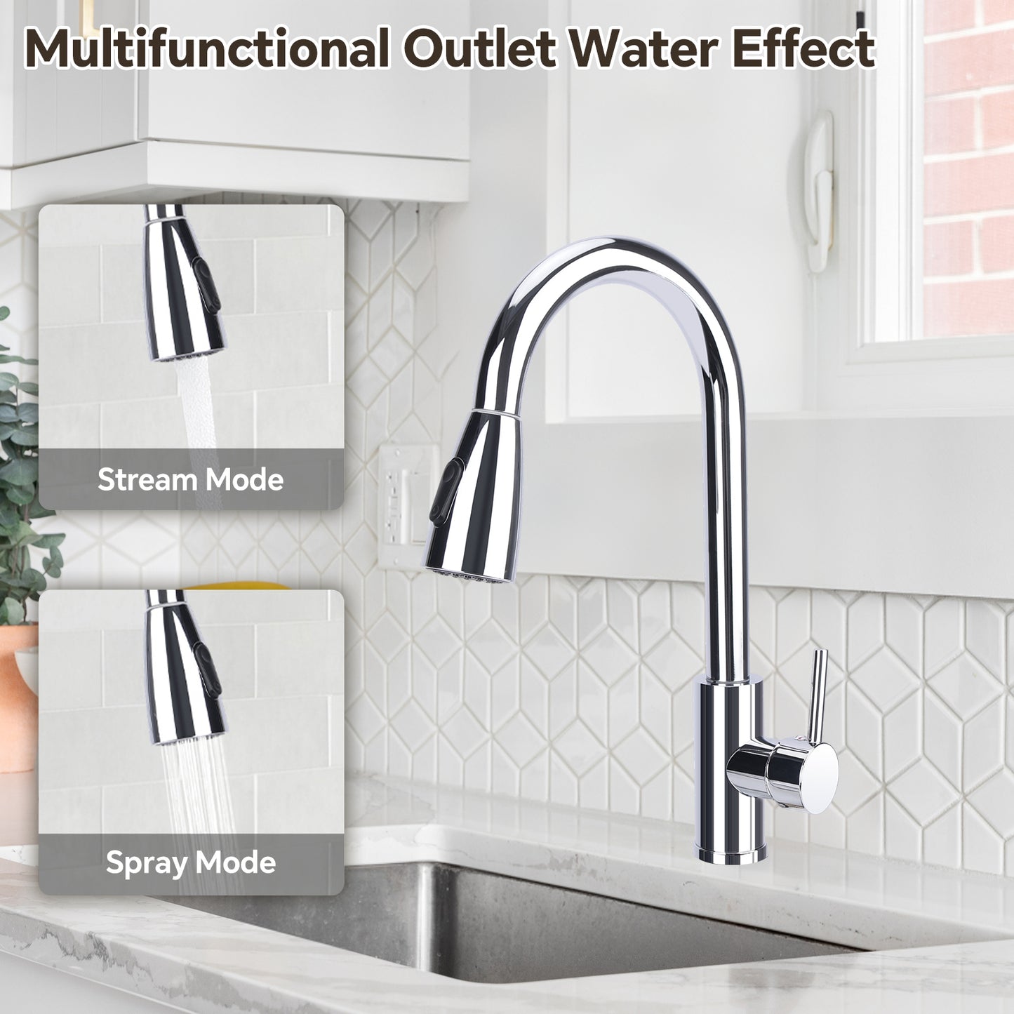 Multifunctional kitchen faucet with stream and spray modes in a modern kitchen setting.