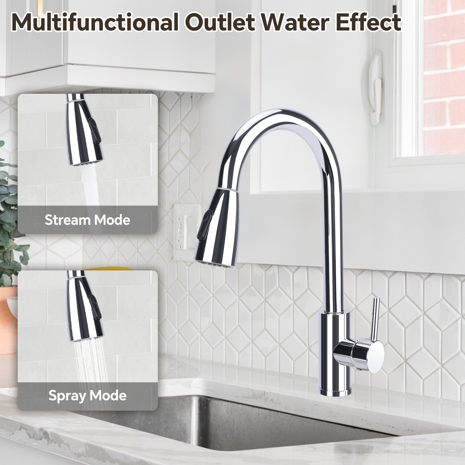 Multifunctional kitchen faucet with stream and spray modes in a modern kitchen setting.