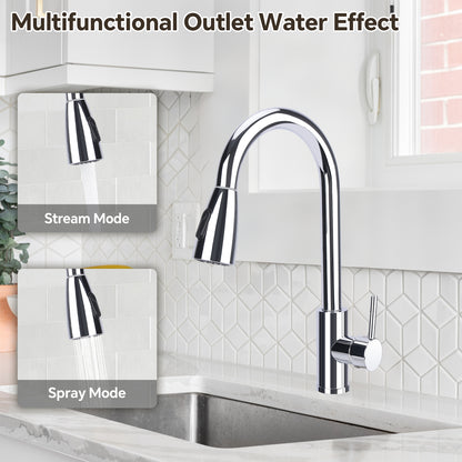 Multifunctional kitchen faucet with stream and spray modes in a modern kitchen setting.