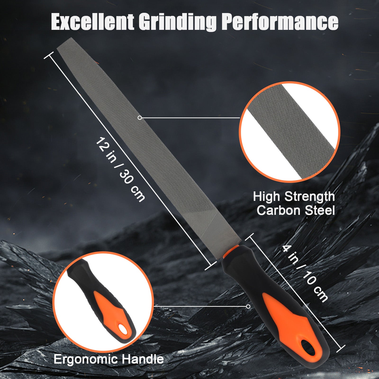 Grinding tool with measurements and features highlighted on a dark background