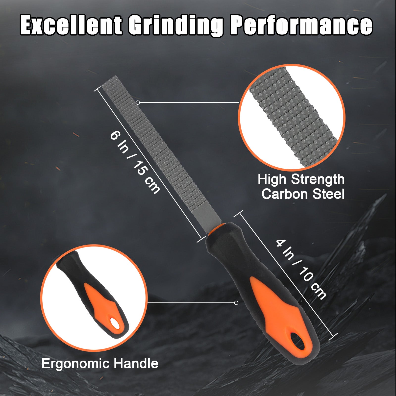 Grinding tool with measurements and features highlighted on a dark background