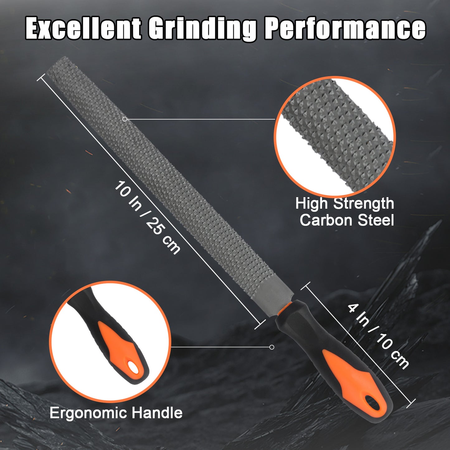 Grinding tool with ergonomic handle and high strength carbon steel, on a dark background.