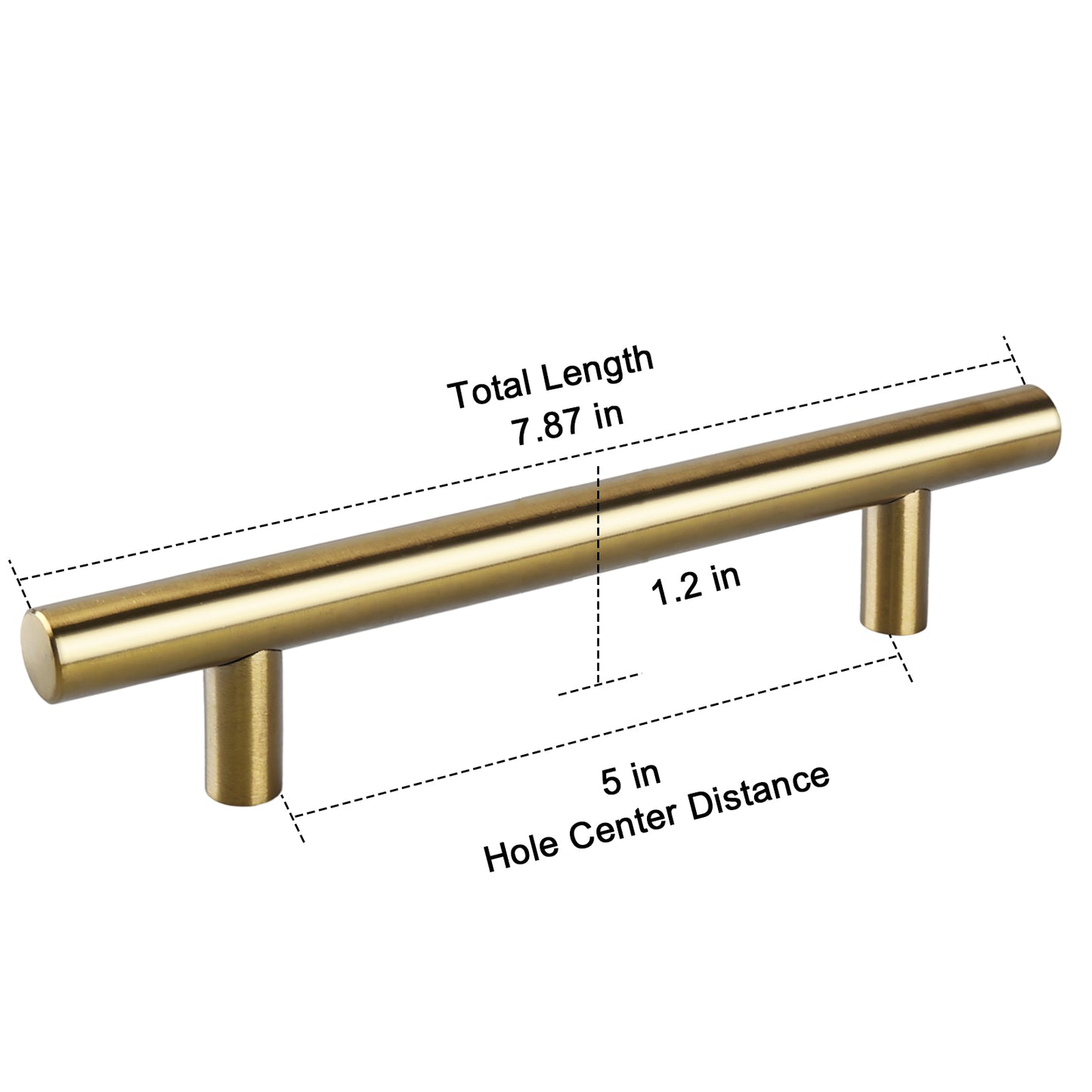 Gold cabinet pull with measurements on a white background