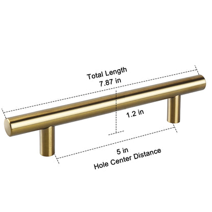 Gold cabinet pull with measurements on a white background