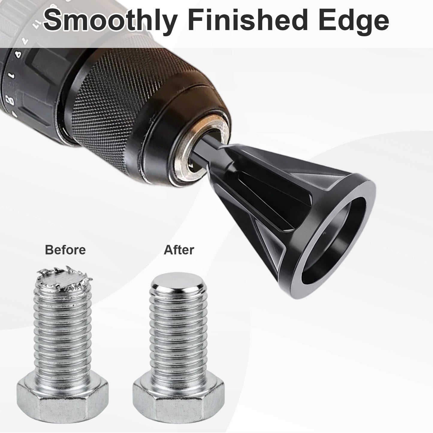 A black metal thread finish tool attached to a drill, shown with a before-and-after comparison of a threaded bolt. The top text reads 'Smoothly Finished Edge' and labels the threads 'Before' and 'After'.