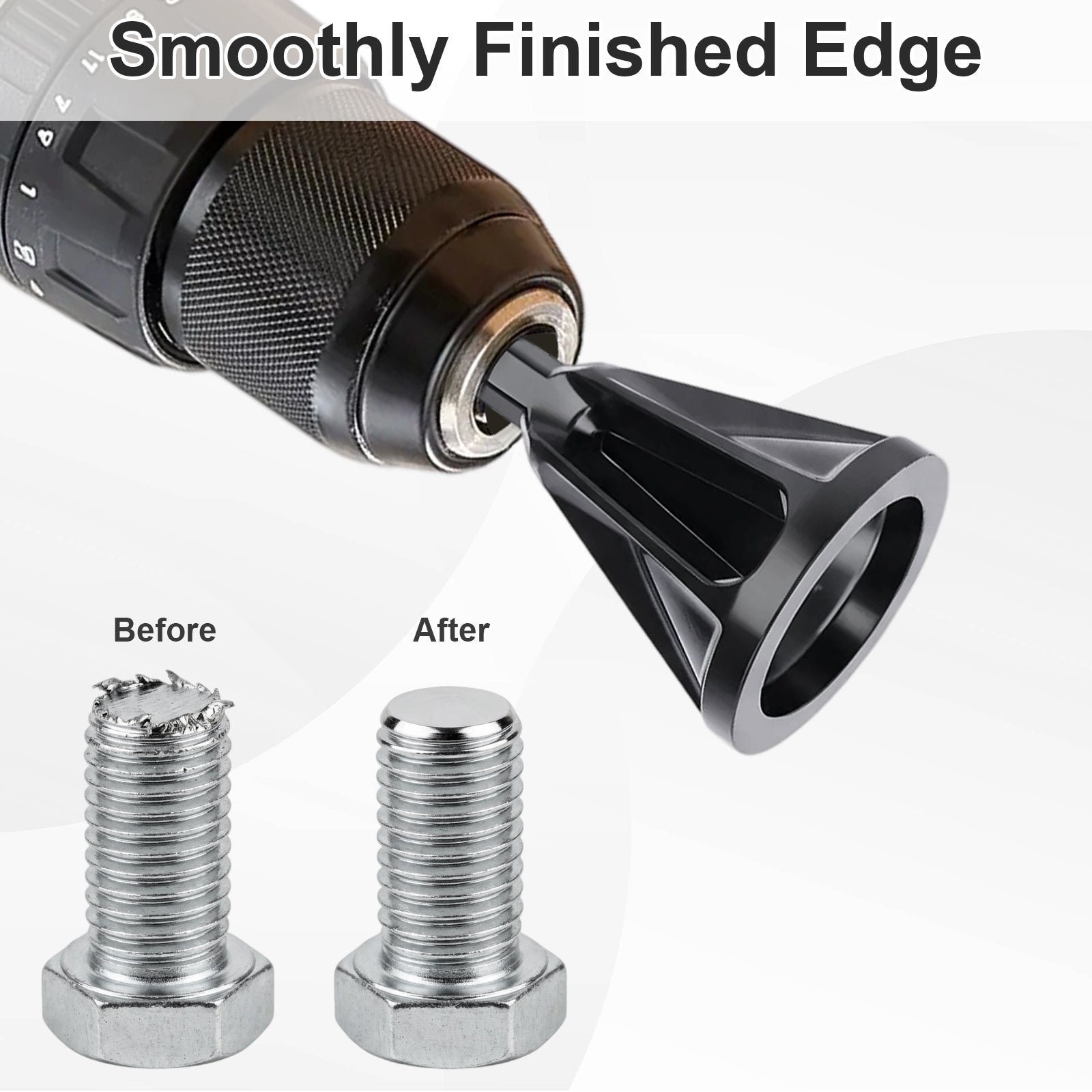 A black metal thread finish tool attached to a drill, shown with a before-and-after comparison of a threaded bolt. The top text reads 'Smoothly Finished Edge' and labels the threads 'Before' and 'After'.