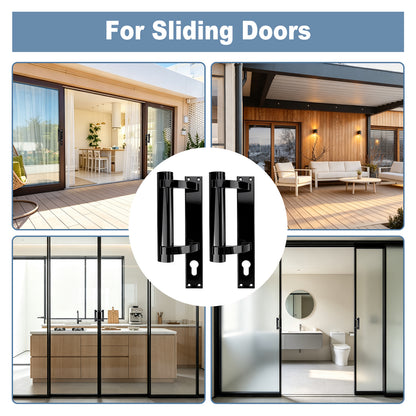 Black metal sliding door hardware shown in a collage with four lifestyle photos of sliding doors in modern homes and a central product view of two matching black handles.