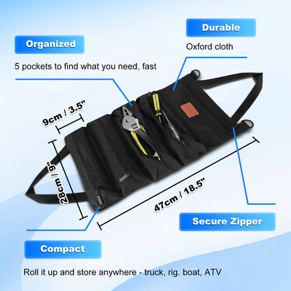 Black tool belt with measurements and features on a light blue background