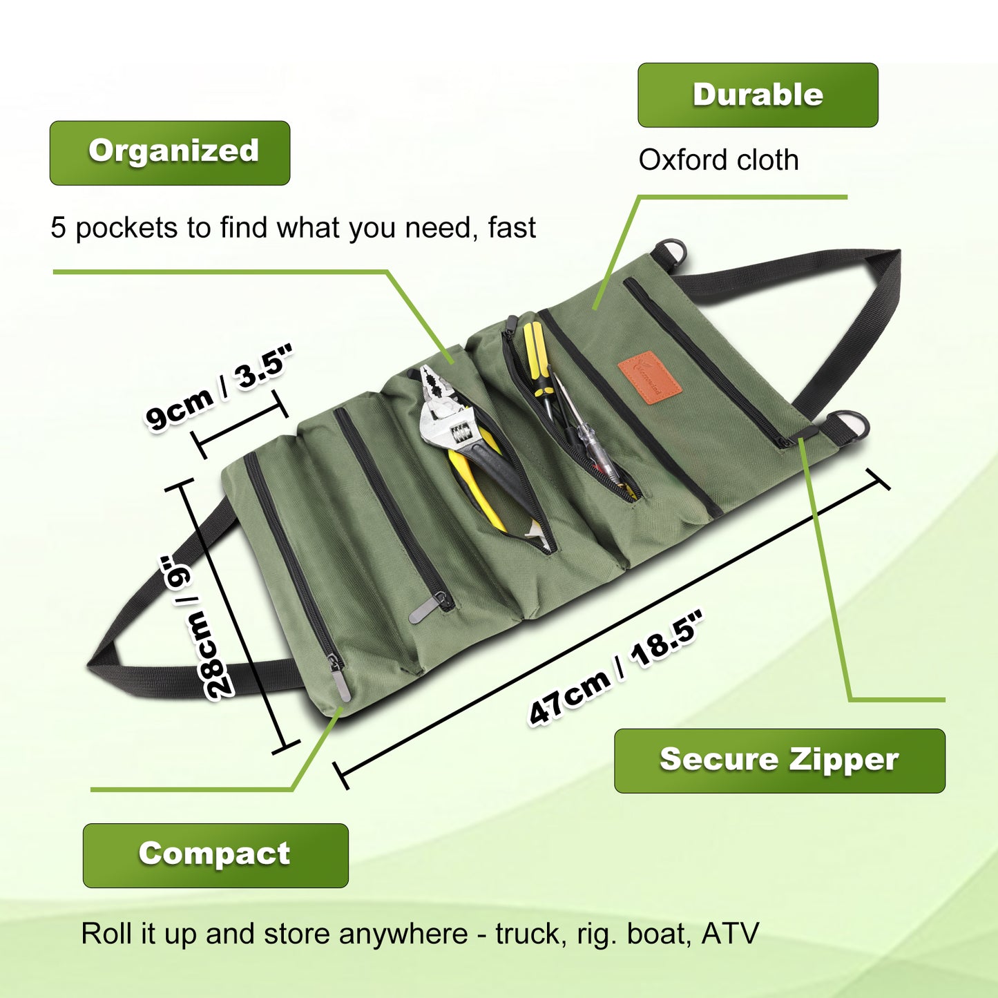 Green tool roll with measurements and features on a light green background