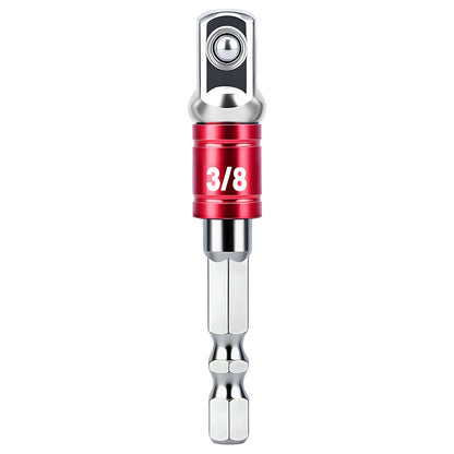 Red and silver drill bit extension on a white background