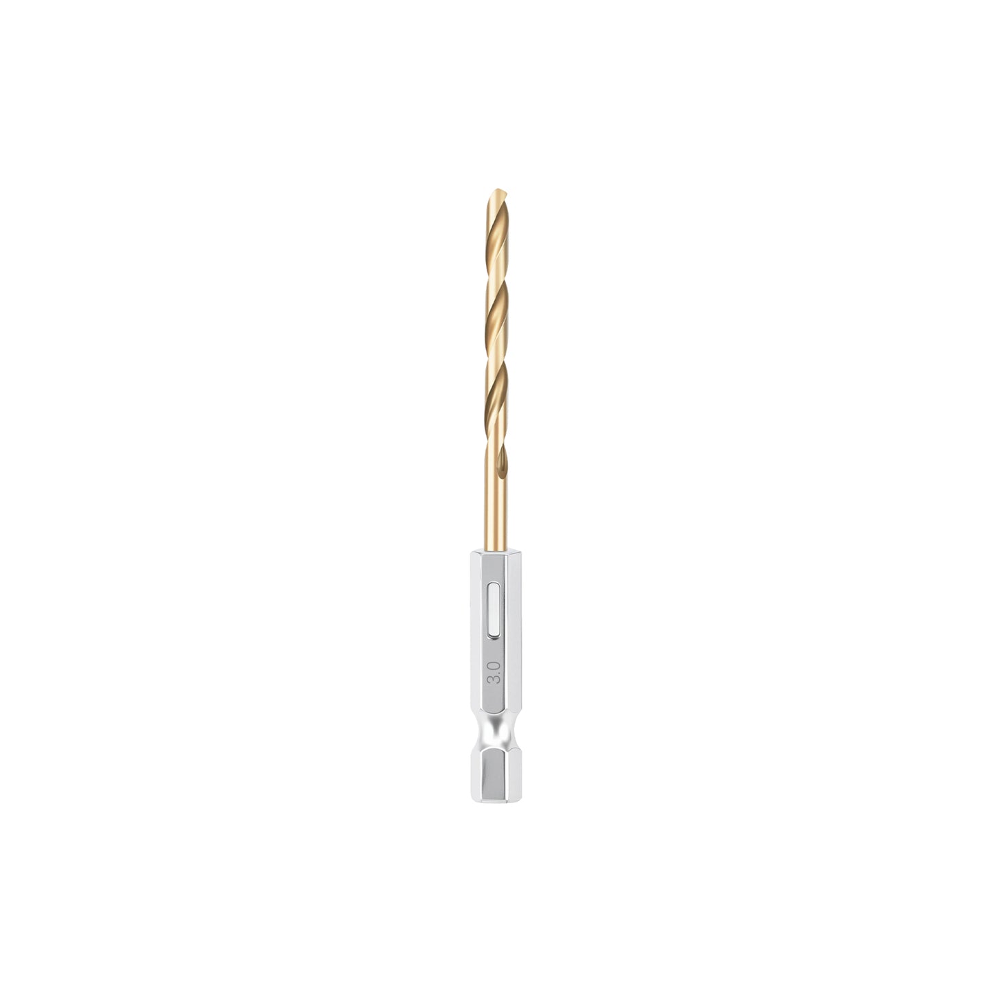 Drill bit with a silver base and gold-colored spiral shank on a white background