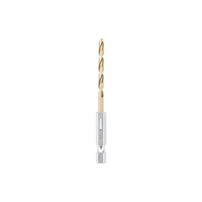 Drill bit with a silver base and gold-colored spiral shank on a white background