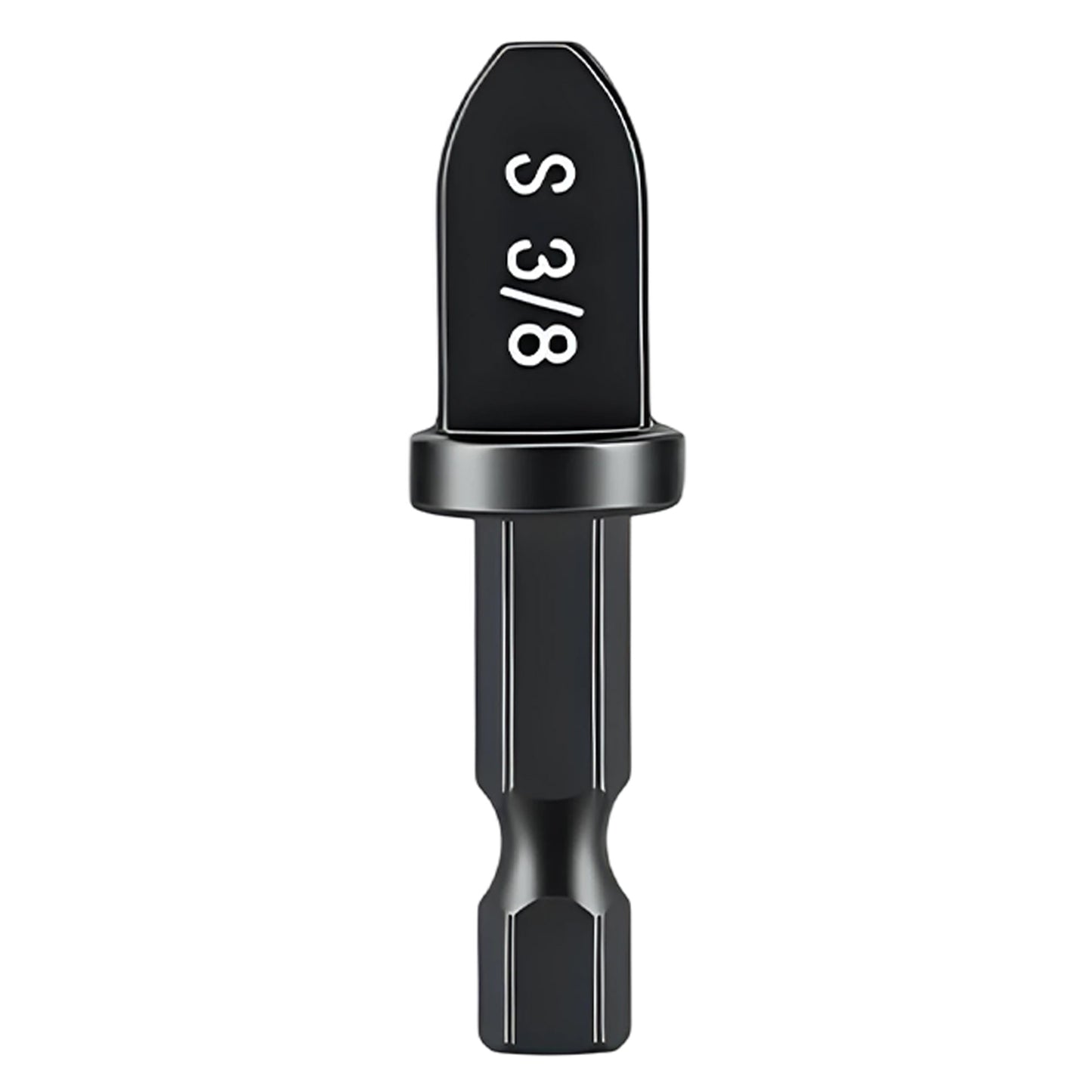 Black drill bit with measurement 'S 3/8' on a white background