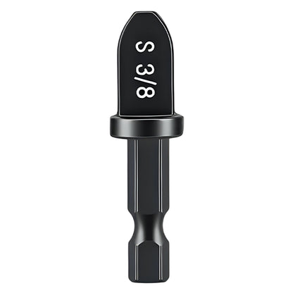 Black drill bit with measurement 'S 3/8' on a white background