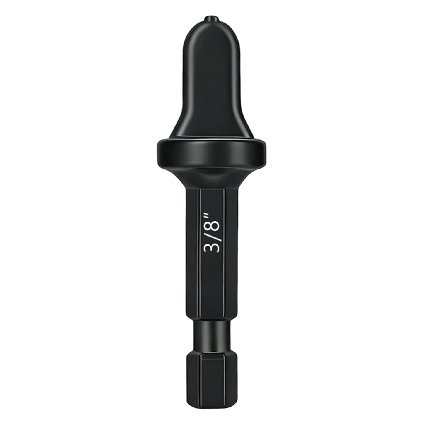Black drill bit with measurement '3/8"' on a white background