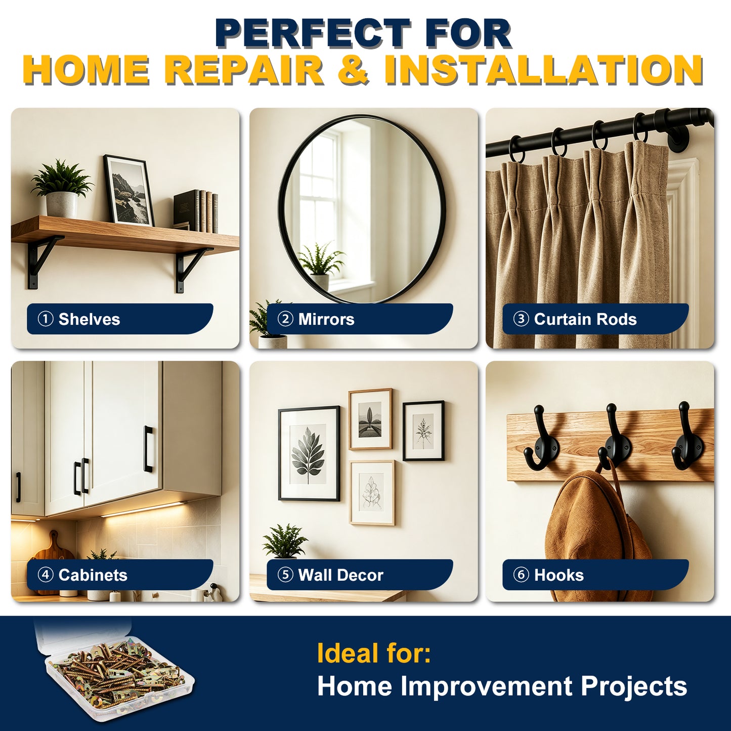 Promotional graphic for a home improvement project supply set, featuring six numbered inset images showing shelves, mirrors, curtain rods, cabinets, wall decor, and hooks in use, with the headline 'PERFECT FOR HOME REPAIR & INSTALLATION' and 'Ideal for: Home Improvement Projects'.