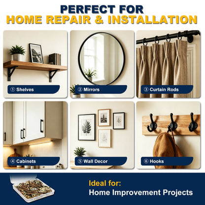 Promotional graphic for a home improvement project supply set, featuring six numbered inset images showing shelves, mirrors, curtain rods, cabinets, wall decor, and hooks in use, with the headline 'PERFECT FOR HOME REPAIR & INSTALLATION' and 'Ideal for: Home Improvement Projects'.