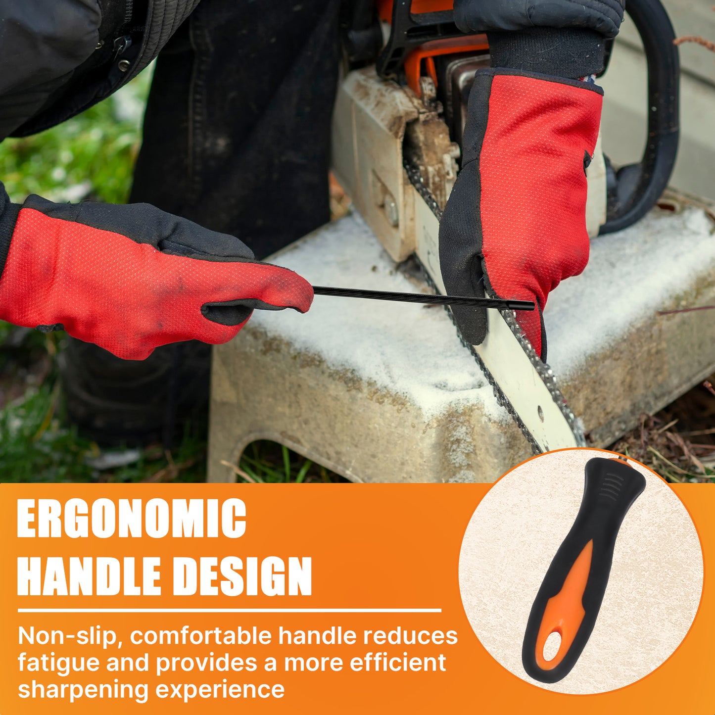 Person sharpening a chainsaw blade with red gloves, emphasizing ergonomic handle design.