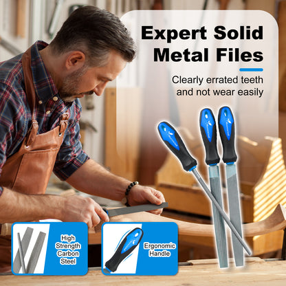 Man using a file with text about expert solid metal files and product features.