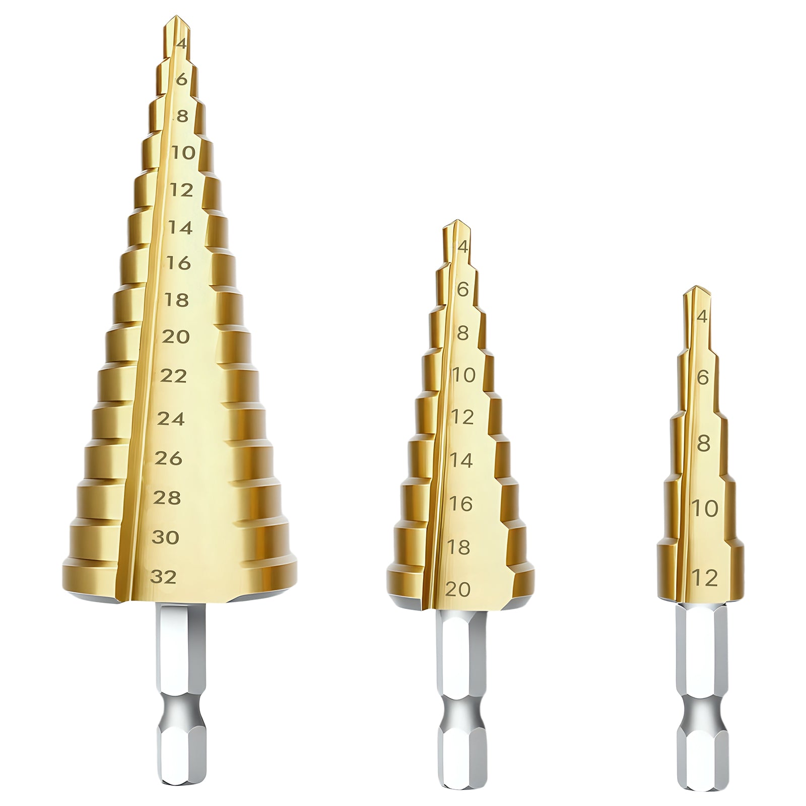 Set of three gold step drill bits on a white background