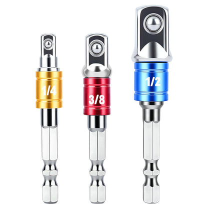 Three drill bit adapters with different thread sizes on a white background
