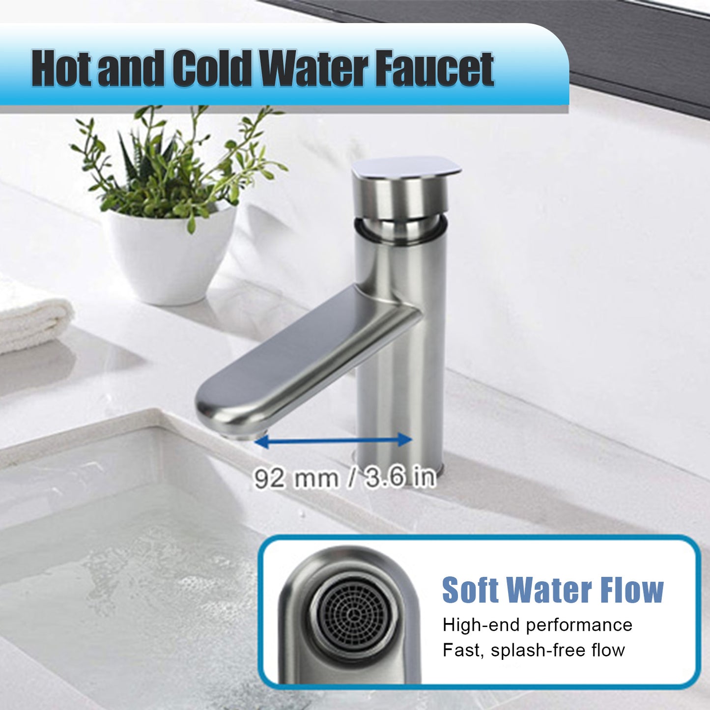 Stainless steel hot and cold water faucet with sink and plant in the background