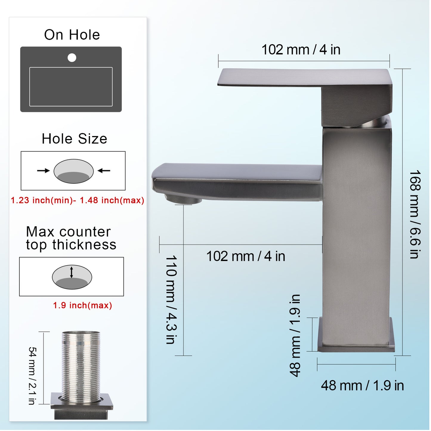 Measurement chart of a bathroom faucet with dimensions and installation details.