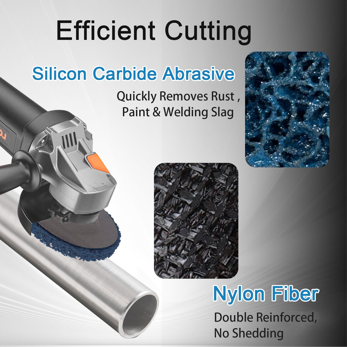 Angle grinder with silicon carbide abrasive pad and nylon fiber, used for efficient cutting and surface preparation.
