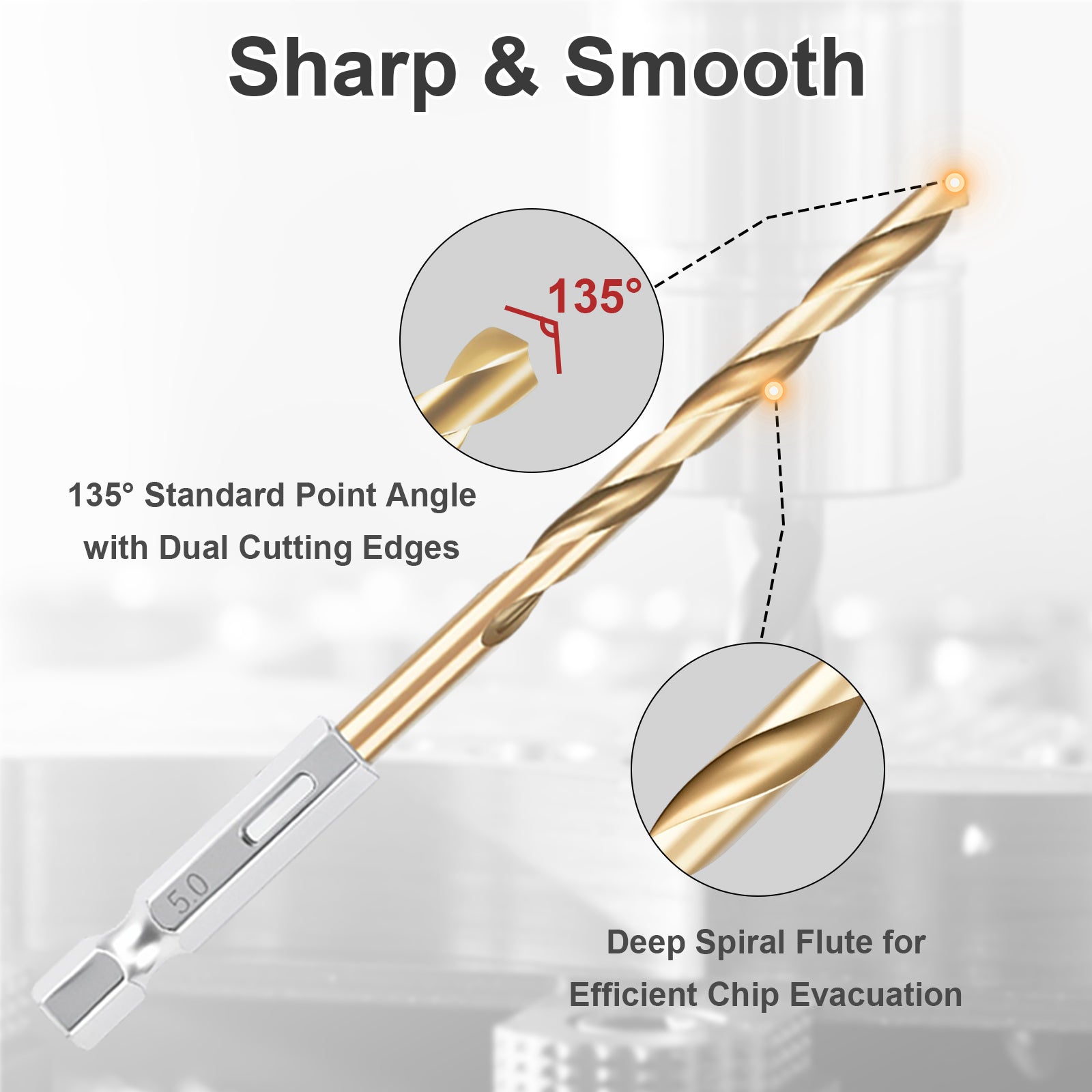 Drill bit with text highlighting features like 'Sharp & Smooth' and '135° Standard Point Angle'.