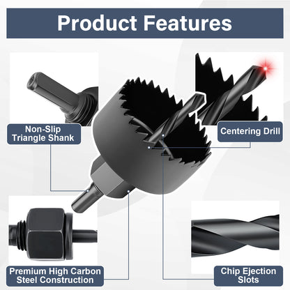 Hole saw tool with labeled features on a white background
